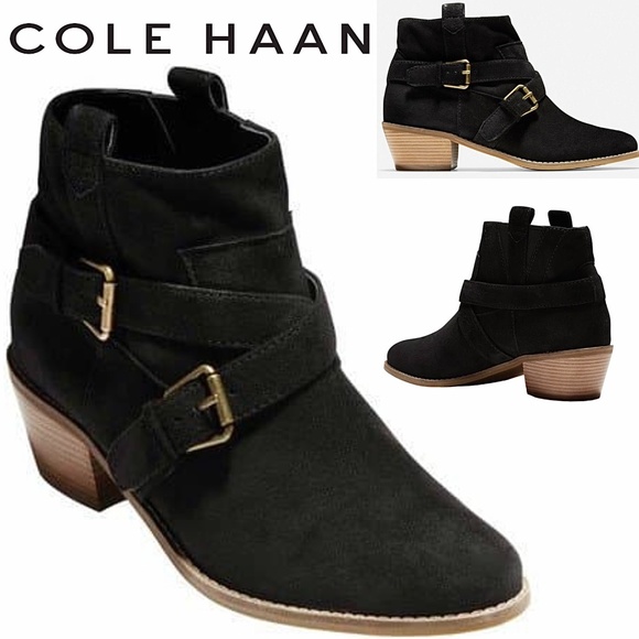 Cole Haan Jensynn Ankle Boots Black Suede Fashion Booties Block Heel Booties 6.5 - Picture 1 of 15